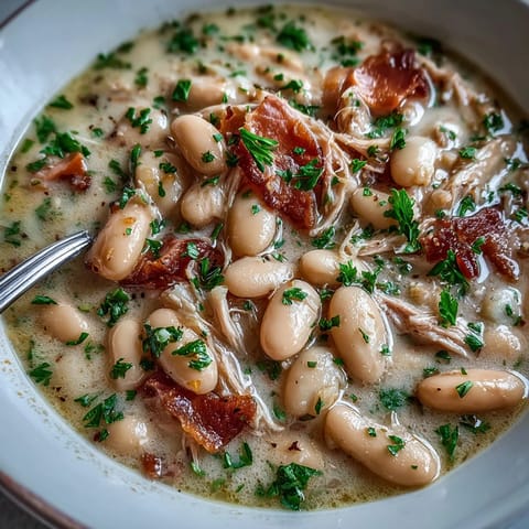 A steaming bowl of White Bean and Ham Hock Soup, rich with tender beans and smoky ham, garnished with fresh parsley for a rustic Southern touch.
