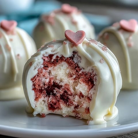 Delicious Galentines cake pops with pink velvet and cream cheese frosting, coated in white chocolate and festive sprinkles.  
