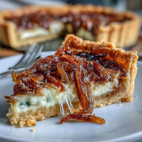 Rich and savory, this tart features layers of buttery pastry, caramelized onions, and nutty Gruyere, ideal for a light lunch.  