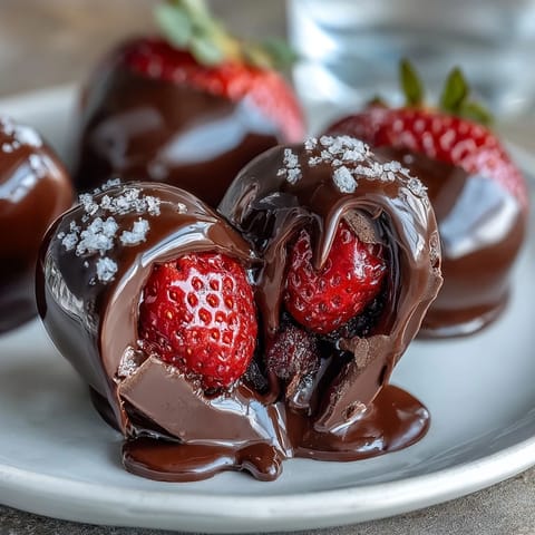 Gorgeous Valentine's dessert with a hollow chocolate shell and juicy strawberries hidden inside.  
