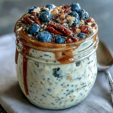 Creamy overnight oats with chia seeds and blueberries in glass jars, topped with sliced almonds and a honey drizzle.