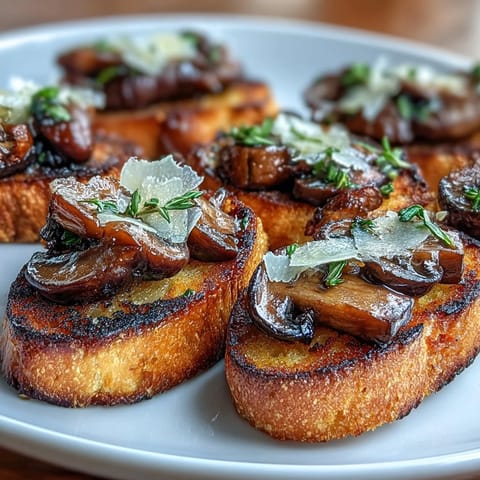 Crispy garlic crostini topped with sautéed wild mushrooms, shaved Parmesan, and fresh thyme.  