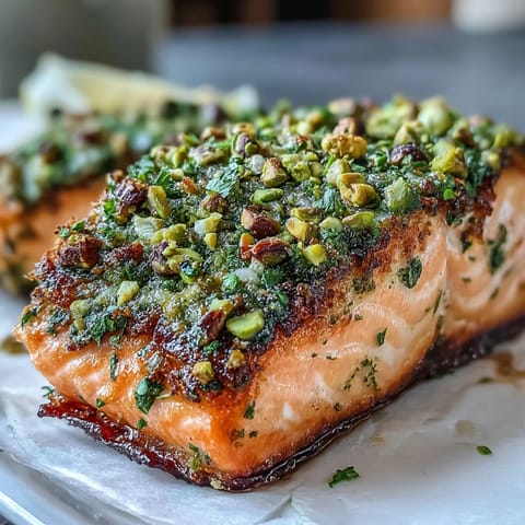 Crispy pistachio-crusted salmon filets with fresh herbs and lemon zest, pan-seared until golden brown.  