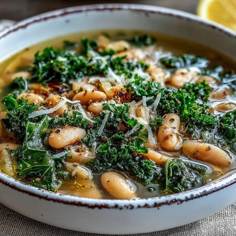 Creamy cannellini beans and tender kale shine in this comforting Tuscan soup, brightened by fresh lemon zest and Parmesan.  