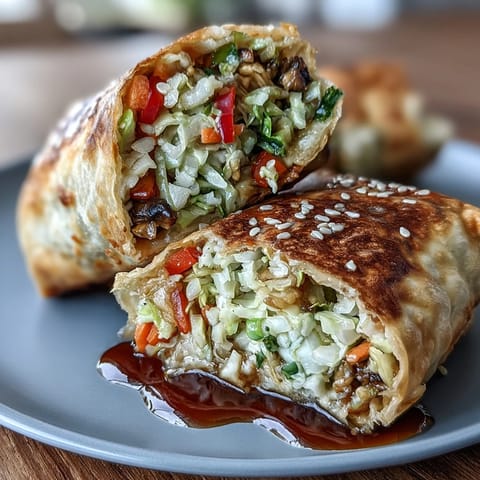 Golden brown vegetable egg rolls with colorful julienned veggies, air fried to perfection and paired with a sweet soy ginger dipping sauce.  