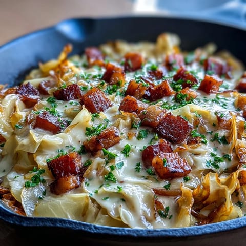 Hearty one-pan creamy cabbage and ham dish with melted cheese and smoky ham chunks.