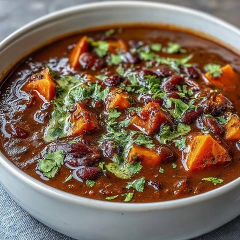 Rich and creamy black bean soup with tender sweet potatoes, garnished with lime crema and sliced jalapeños for a Southwestern kick.  