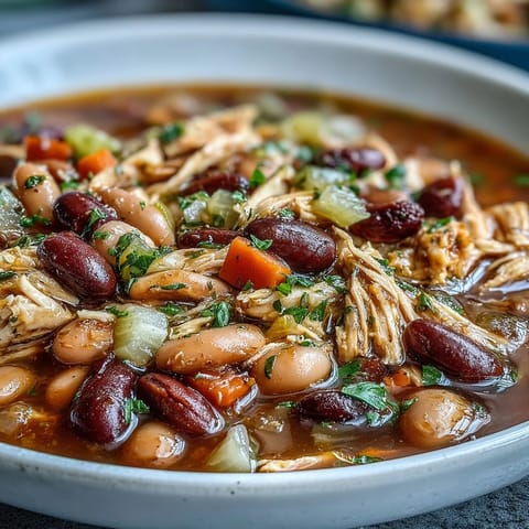 Aromatic vegetables and smoky turkey infuse this 15-bean soup, creating a comforting, protein-packed meal for chilly days.