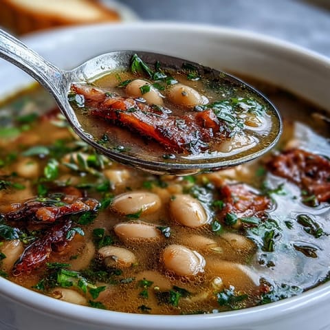 A steaming bowl of ham and cannellini bean soup with fresh herbs, showcasing tender chunks of ham and creamy white beans in a savory broth.