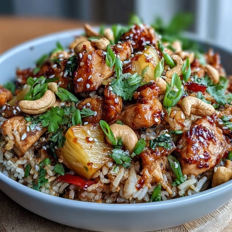 Vibrant sweet chili chicken pineapple fried rice with tender chicken, colorful bell peppers, and juicy pineapple chunks in a zesty sauce.