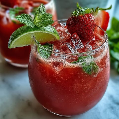 Refreshing alcohol-free strawberry watermelon daiquiri mocktail garnished with mint sprigs and lime wheels, ideal for hot days.