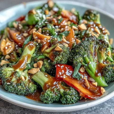 Colorful Healthy Easy Veggie Stir-Fry with Peanut Sauce served over jasmine rice, featuring tender-crisp vegetables and a rich, savory peanut dressing, topped with chopped peanuts.  