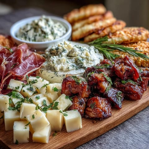 Festive housewarming charcuterie board with cured meats, cheeses, fresh fruits, and homemade herbed Greek yogurt dip.