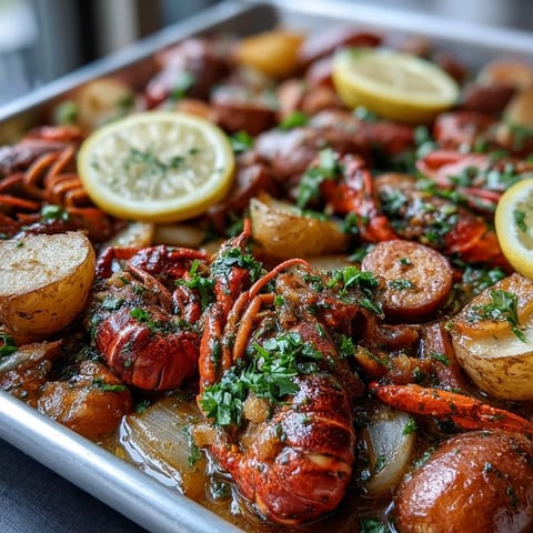 A colorful sheet pan dinner featuring tender crawfish, smoky sausage, and roasted vegetables seasoned with bold Cajun spices.