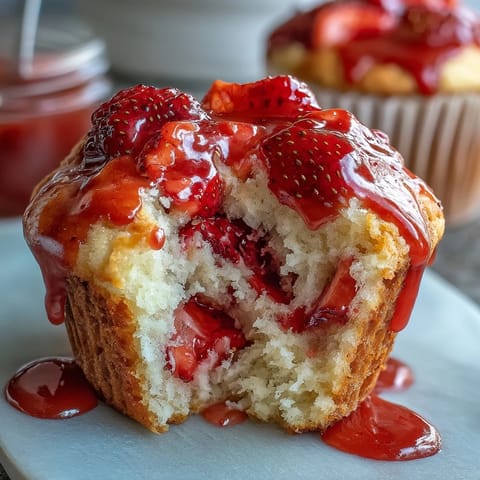 Golden strawberry muffins bursting with juicy berries, topped with a bright lemon glaze—perfect for brunch or snacking.