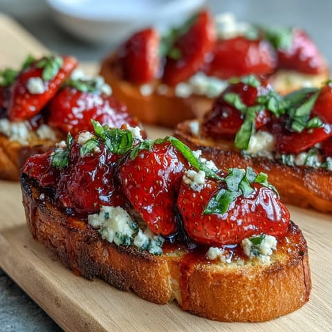 Balsamic Strawberry Bruschetta Toasts with creamy goat cheese and fresh basil on crispy baguette slices.