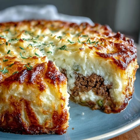 Fluffy baked potatoes stuffed with savory ground beef and vegetables, topped with creamy mashed potatoes in a comforting shepherds pie twist.