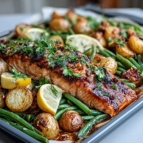 Healthy Easy Sheet Pan Salmon with Green Beans and Potatoes: a colorful one-pan dinner with juicy salmon, golden potatoes, and crisp green beans roasted with lemon and herbs.