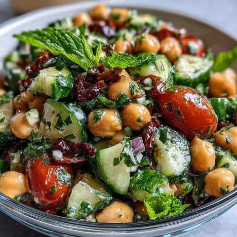 A refreshing bowl of Healthy Easy Cucumber Chickpea Salad with Lemon Vinaigrette, featuring juicy tomatoes and fresh herbs.
