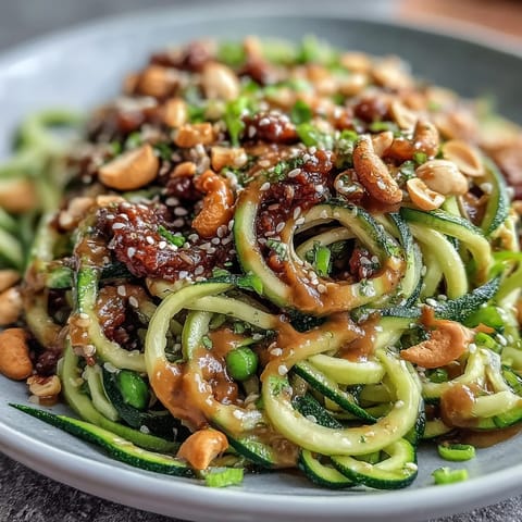 Healthy Easy Zucchini Noodle Stir-Fry with Peanut Sauce in a vibrant, colorful skillet, showcasing fresh spiralized zucchini noodles tossed in creamy, tangy peanut sauce.