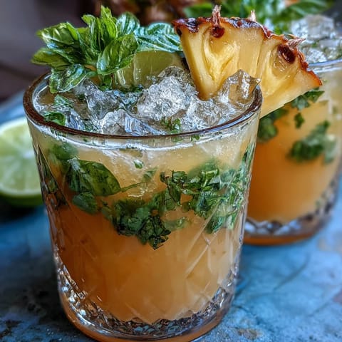Refreshing pineapple basil agua fresca with vibrant tropical fruit and fragrant basil leaves, served over ice with lime slices.