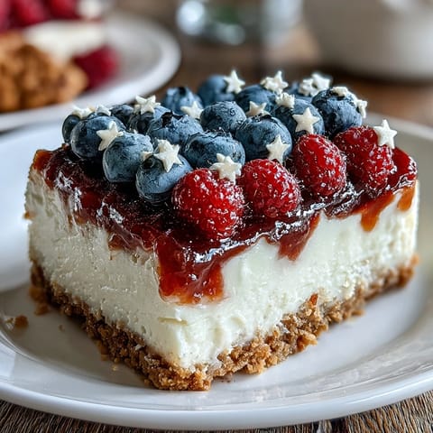 Festive Fourth of July No-Bake Cheesecake Flag Cake with fresh berries in patriotic red, white, and blue design.