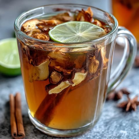 Warm cup of dandelion root tea with ginger and turmeric, golden and steaming, served with a slice of lemon and honey.