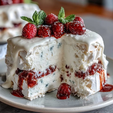Mothers Day Pavlova with Mixed Berries on a white plate, crisp meringue topped with whipped cream and vibrant berries for a festive dessert.  