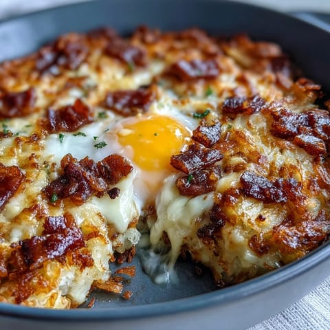Hearty Amish breakfast casserole with hash browns, sausage, and eggs, golden and bubbling from the oven.