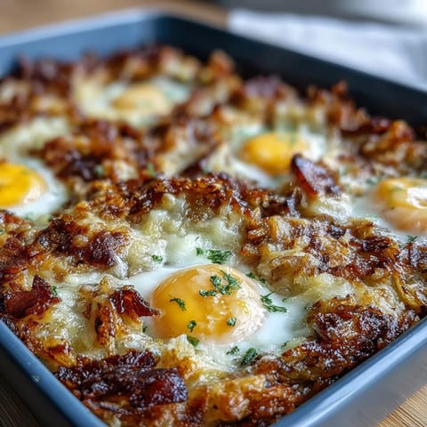 Savory Amish breakfast casserole loaded with crispy hash browns, melted cheese, and fluffy eggs, perfect for feeding a crowd.