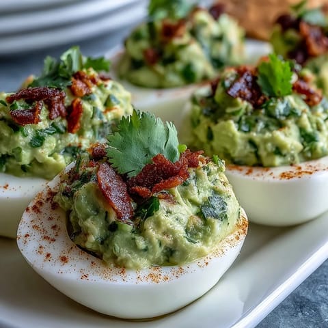Guacamole Stuffed Deviled Eggs with creamy avocado filling and fresh cilantro garnish.  