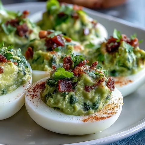 Vibrant guacamole-stuffed deviled eggs topped with smoked paprika and diced tomatoes.  