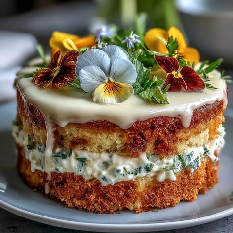 Delicate spring cake with pressed edible flowers and tangy lemon curd, a light dessert for seasonal celebrations.