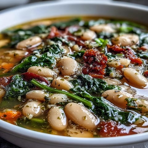 A bowl of Tuscan white bean and spinach soup, steaming with tender vegetables and fresh herbs.