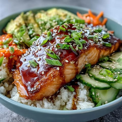 1. Juicy teriyaki-glazed salmon fillets served over steaming jasmine rice with crisp cucumber, avocado, and sesame-carrot ribbons.