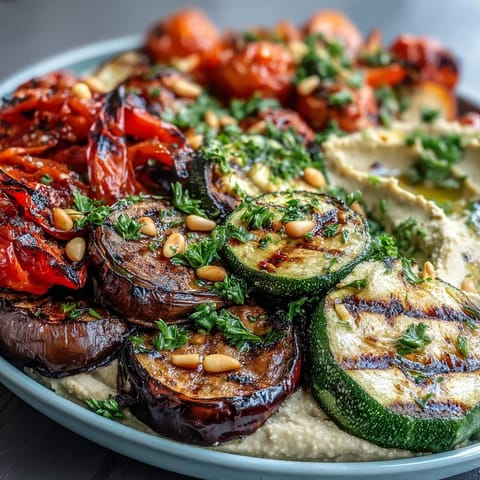 Grilled Veggie Platter with Hummus - colorful grilled vegetables arranged around creamy homemade hummus, garnished with parsley and pine nuts.  