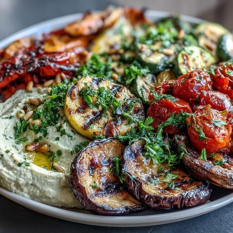 A healthy, vegan Mediterranean platter featuring smoky grilled zucchini, bell peppers, and eggplant served with smooth, lemony hummus.  