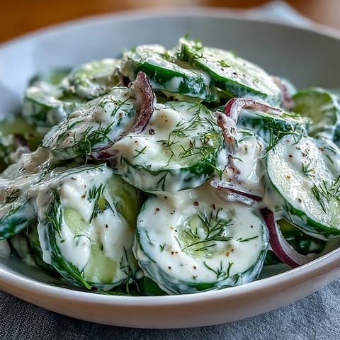 Creamy Cucumber Dill Salad with crisp cucumbers in a tangy sour cream dill dressing, perfect for summer picnics or barbecues.