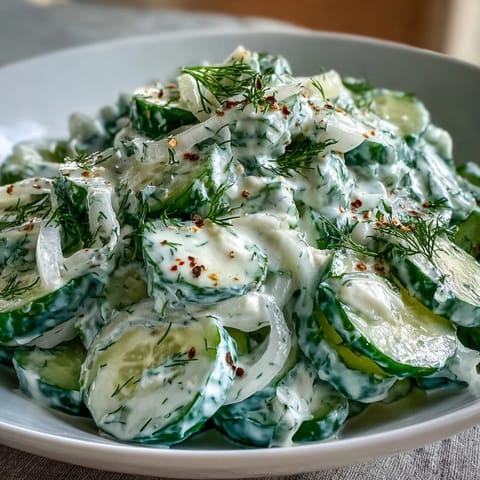 A refreshing Creamy Cucumber Dill Salad featuring thinly sliced cucumbers and red onion, tossed in a creamy herb dressing.
