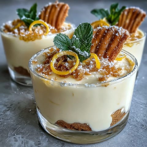 Elegant lemon mousse cups with buttery shortbread cookies, garnished with fresh berries and mint leaves.