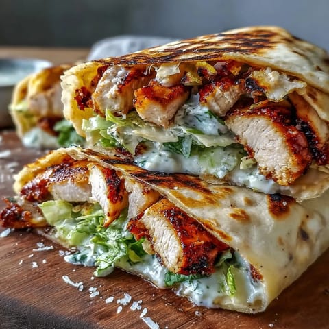 Golden-brown grilled chicken strips nestled in warm, buttery garlic naan, layered with crisp romaine and creamy Caesar dressing.