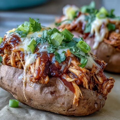 Golden roasted sweet potatoes are split open and generously stuffed with sticky honey BBQ chicken, then melted cheddar and fresh green onions add color and flavor.