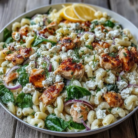 Fork-tender pieces of chicken and crumbled feta cheese rest atop a bed of rotini pasta tossed in a creamy Greek yogurt sauce. A vibrant garnish of fresh spinach leaves and a bright wedge of lemon is visible, ready for a Mediterranean dinner serving.