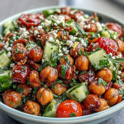 Cold chickpea salad with lemon herbs, a refreshing summer dish bursting with vibrant colors and zesty flavors.