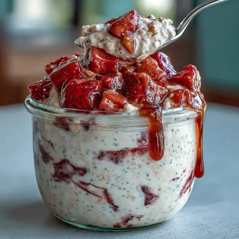 A jar of creamy strawberry vanilla overnight oats topped with fresh sliced strawberries and a drizzle of honey.