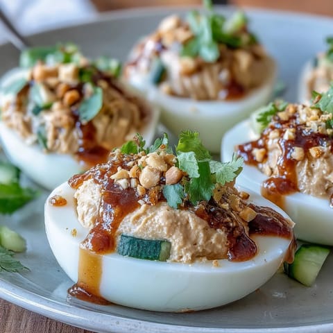 Thai Peanut Deviled Eggs with Cucumber Relish: creamy, spicy deviled eggs topped with a fresh cucumber relish for a vibrant appetizer.