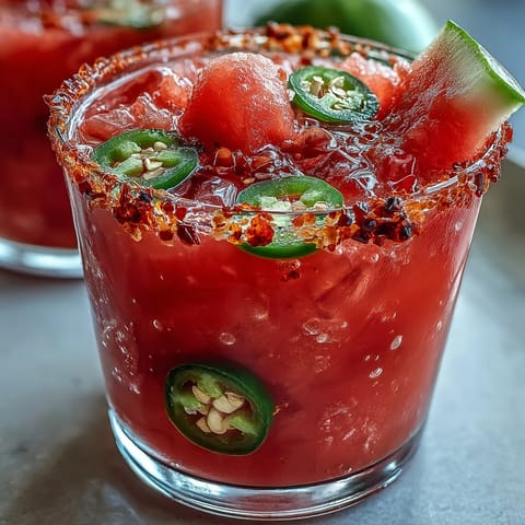 Refreshing watermelon mocktail with jalapeño spice, lime, and orange juice, served over ice with a salted rim.  