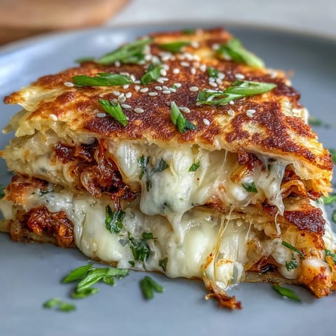 2. Savory Korean-Mexican fusion quesadillas packed with spicy kimchi, melted mozzarella, and cheddar, perfect for a quick snack.  