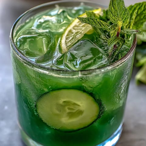 A tall glass of vibrant green cucumber mint agua fresca garnished with fresh mint and lime slices.