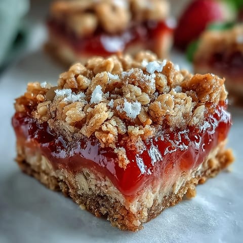 Strawberry Rhubarb Crumble Bars with a golden oat topping and juicy fruit filling, perfect for spring picnics or dessert tables.